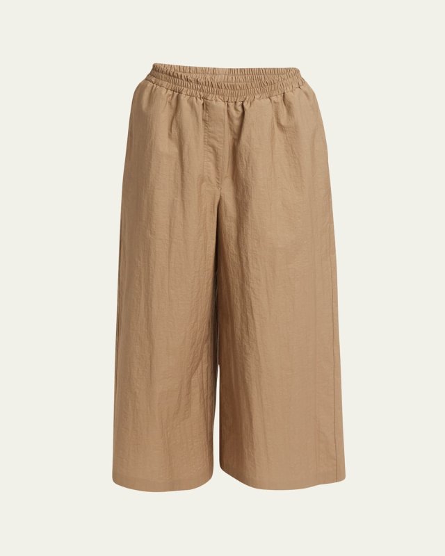 Cropped Elastic Waist Cotton Trousers